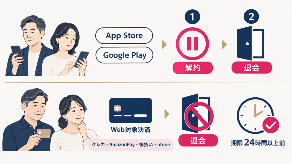 ストア払いは先にストアで解約してから退会、Web版のクレジット払いは退会で自動更新も止まる順番を比べた図。
