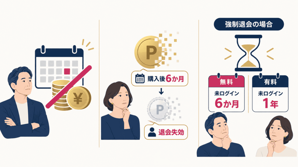 途中退会の返金、ポイントの失効、ログインしないときの強制退会の3つの注意点を並べた図。