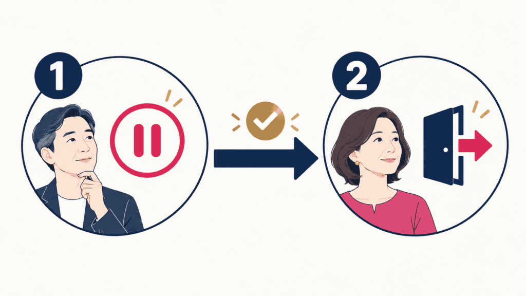 自動更新を止めてから退会する順番を示した図。