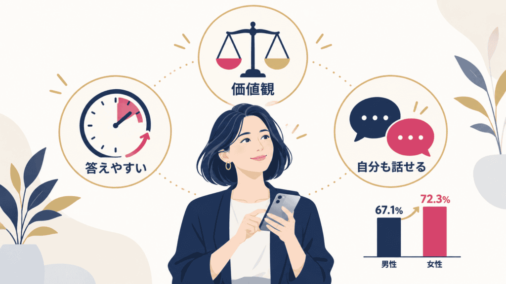 話題を選ぶ3つの基準と、40〜69歳の独身者が結婚相手に「価値観が近い」ことを求める割合の図。
