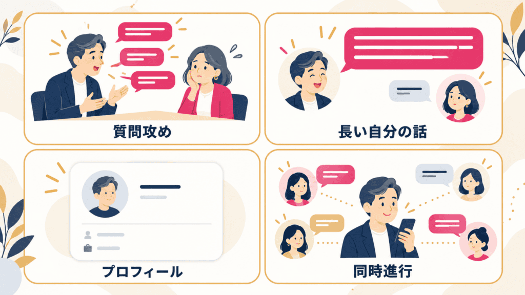 40代50代のマッチングアプリの会話が続かない4つの原因の図。