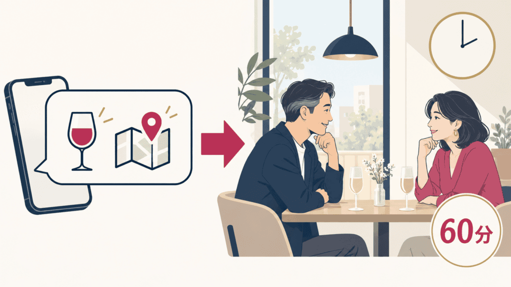 会話で出た話題をきっかけに、昼間のカフェで短時間会う流れのイラスト。