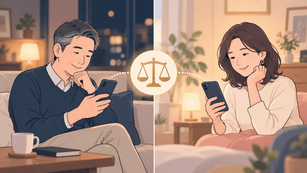 価値観が合うかを確かめながら、マッチングアプリのやりとりを続ける大人の男女のイラスト。