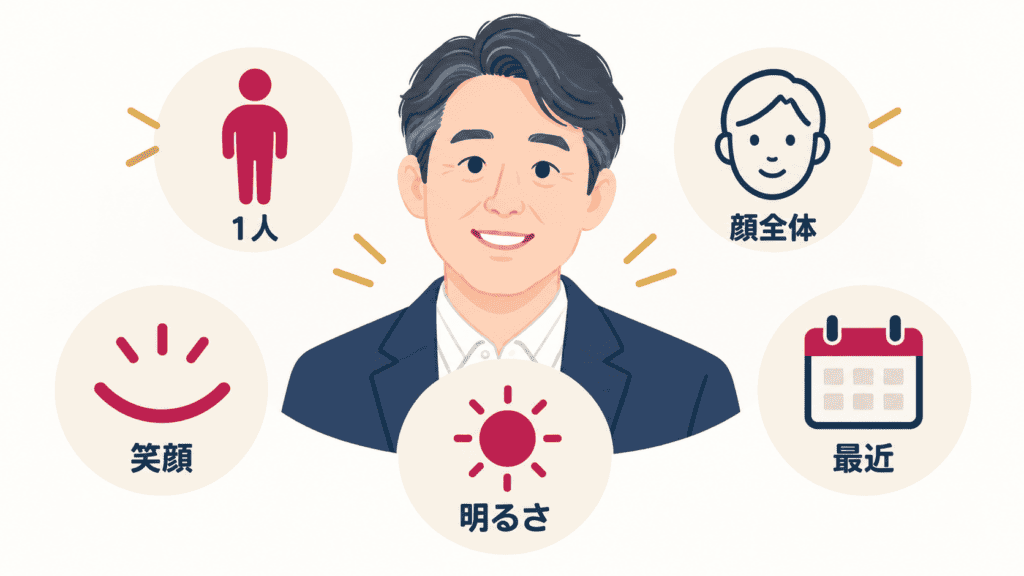 メイン写真を選ぶときの5つの基準を並べた図。