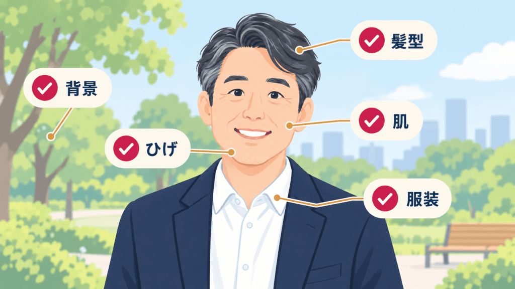 男性のプロフィール写真で見られやすい清潔感の5項目を示した図。