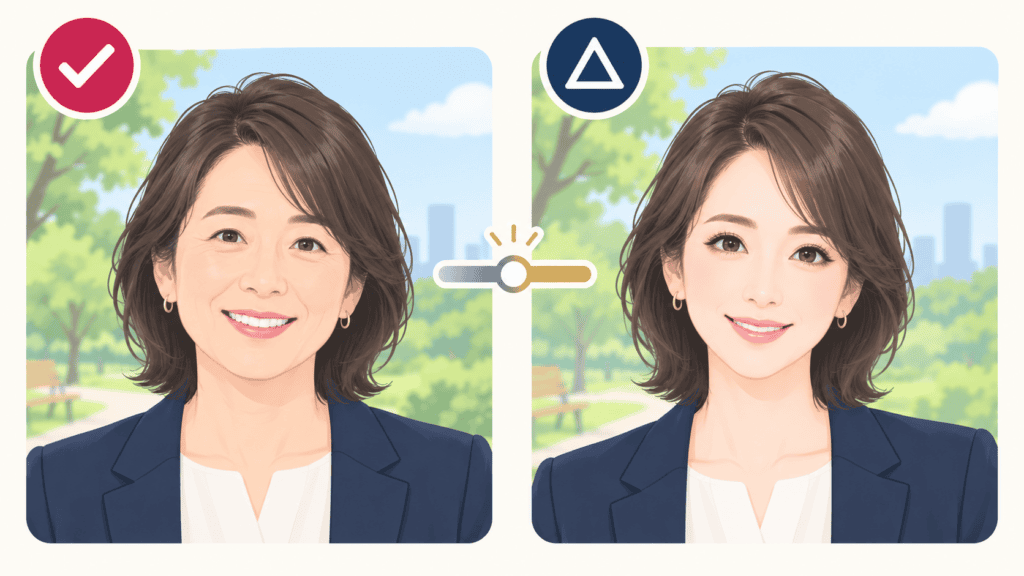 明るさの調整にとどめた写真と、加工しすぎた写真を並べた比較図。
