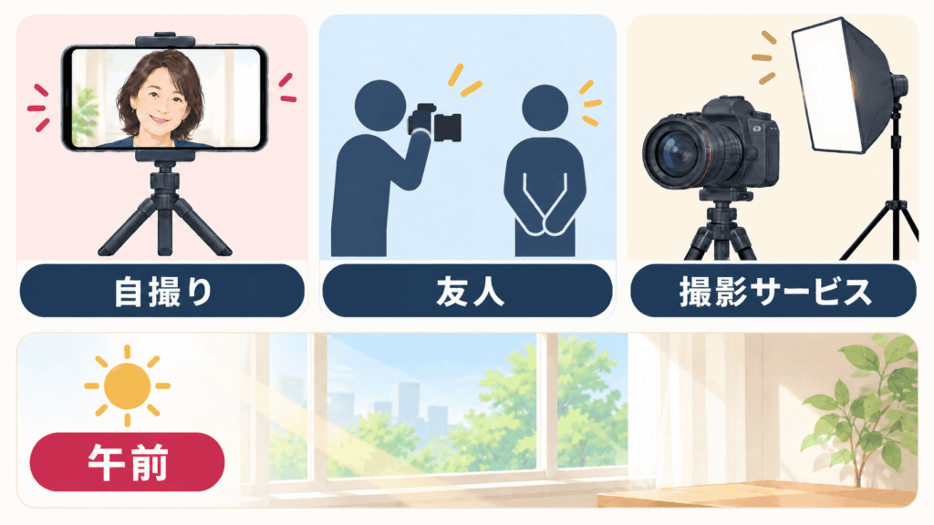 プロフィール写真の3つの撮り方と、自然光で撮る場所を示した図。