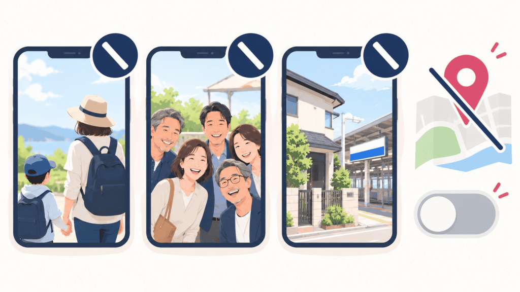 子どもや他人が写った写真、写り込み、位置情報に気をつけることを表した図。