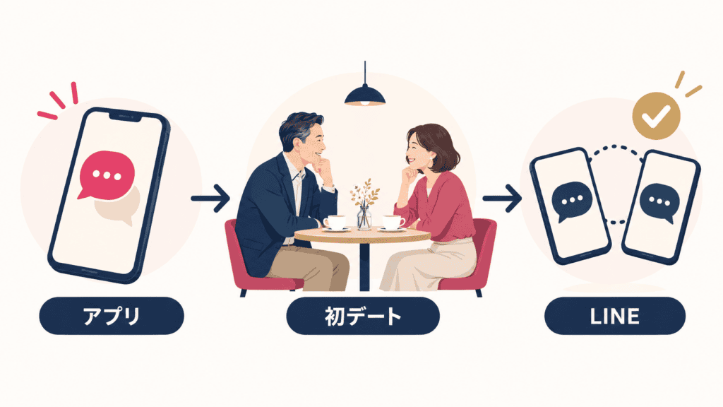 アプリ内のやりとり、初デート、ライン交換の順番を示した図。