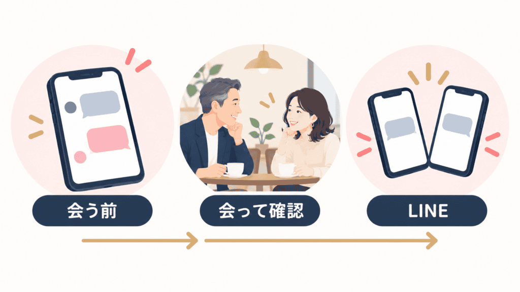 会う前はアプリ内、会って確かめてからLINEという順番のまとめ。