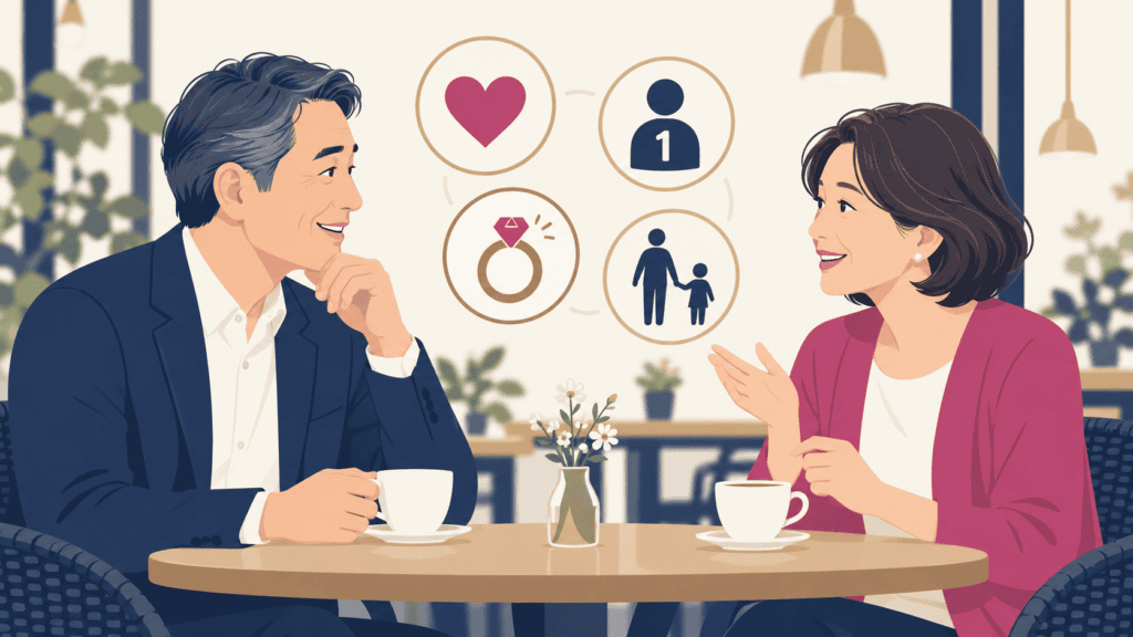 付き合う前に確かめたい4つの話題を示したイラスト。