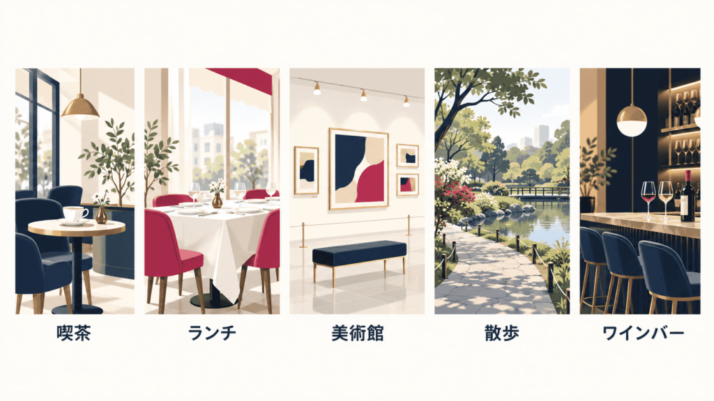 喫茶店・ランチ・美術館・散歩・ワインバーの5つの初デートの場所を並べた図。