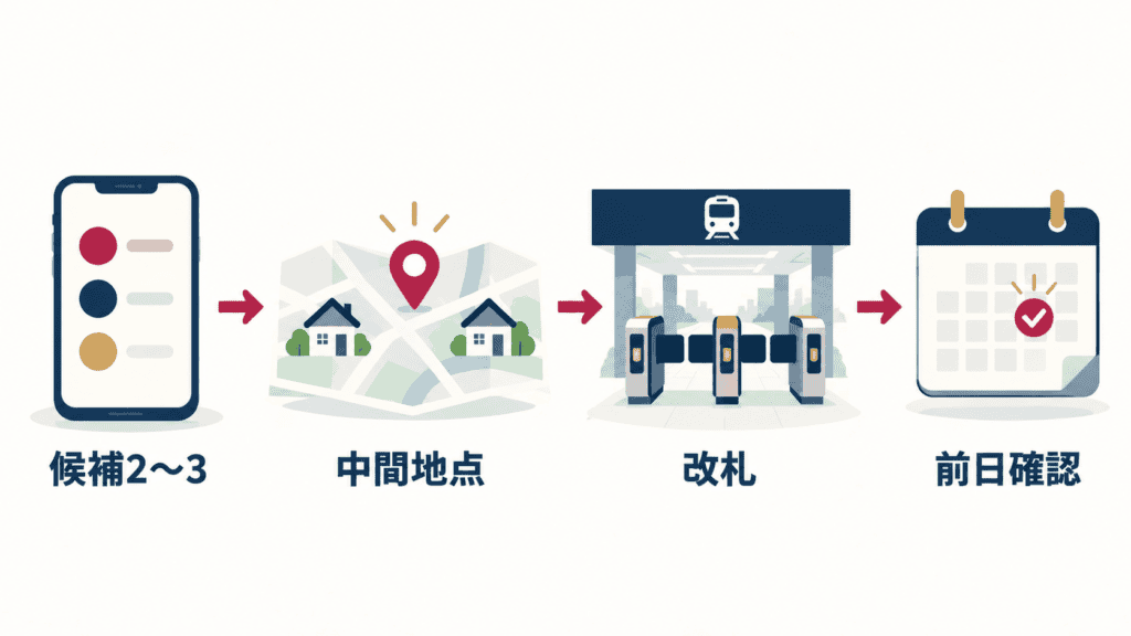 候補を出す・場所を決める・待ち合わせ・前日確認の4つの段取りを示した図。