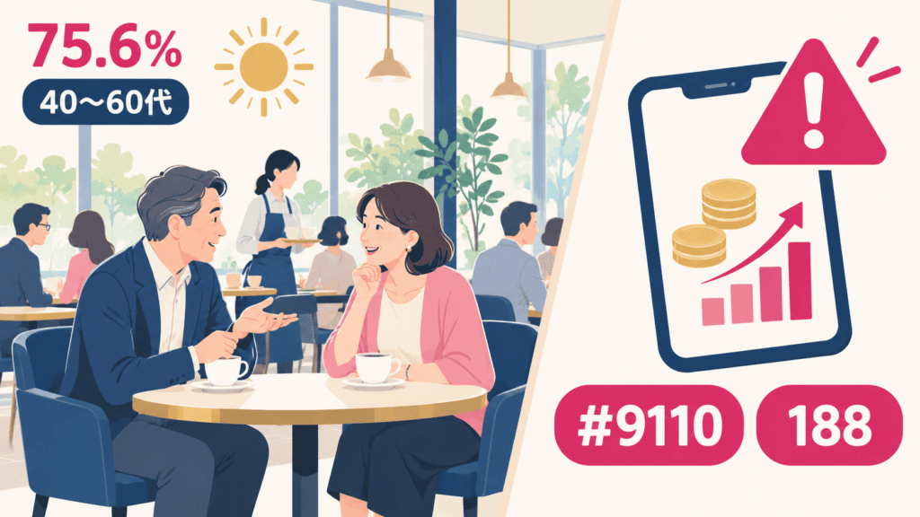 昼の人目のある場所で会うことと、お金や投資の話に注意すること、相談先の#9110と188を示した図。