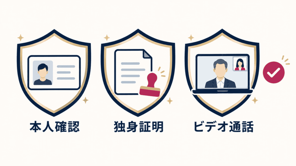 本人確認・独身証明・ビデオ通話の3段で、会う前に相手を確かめる図。