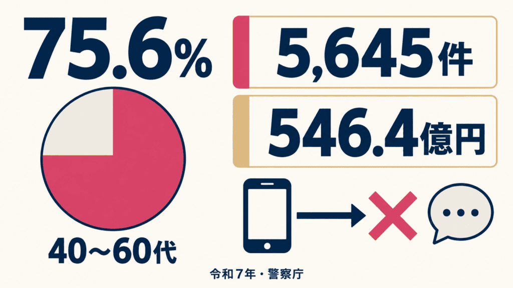 令和7年のSNS型ロマンス詐欺の件数・被害額と、40〜60代の割合を示した図。