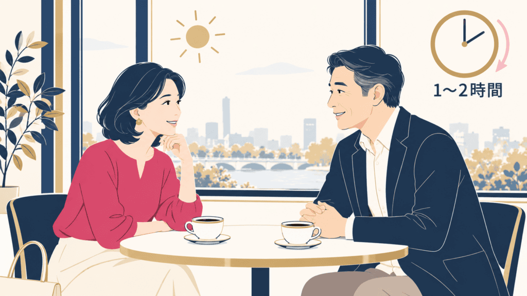 昼間のカフェで初めて会う40〜50代の男女のイラスト。