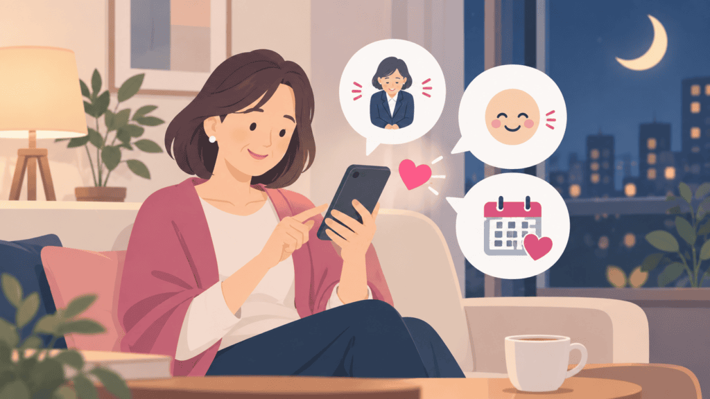 会った日の夜にお礼のメッセージを送る様子のイラスト。