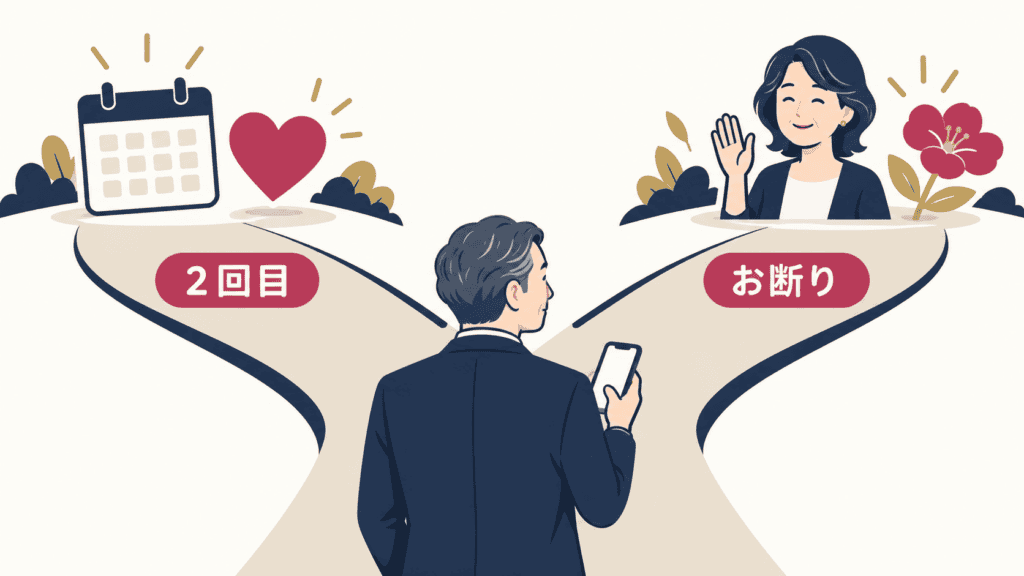会った後に、2回目に進むかお断りするかを選ぶ分かれ道のイラスト。