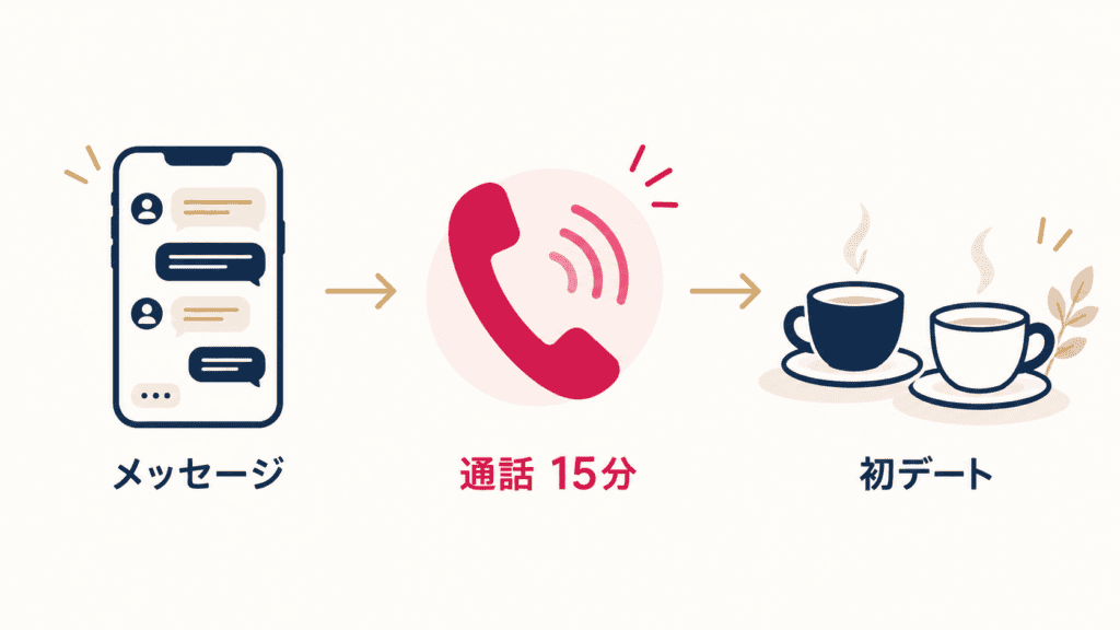 メッセージから通話、初デートへ進む流れの図。