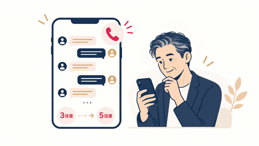 メッセージを数往復やりとりすると通話ボタンが使えるようになるイメージ。
