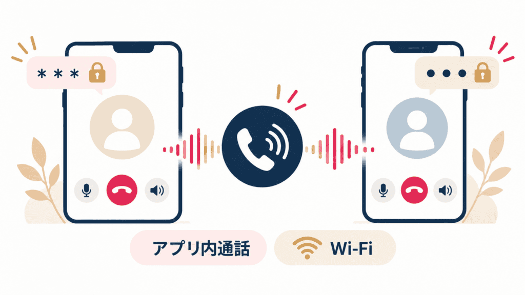 電話番号を交換せず、アプリを通して話すアプリ内通話の図。