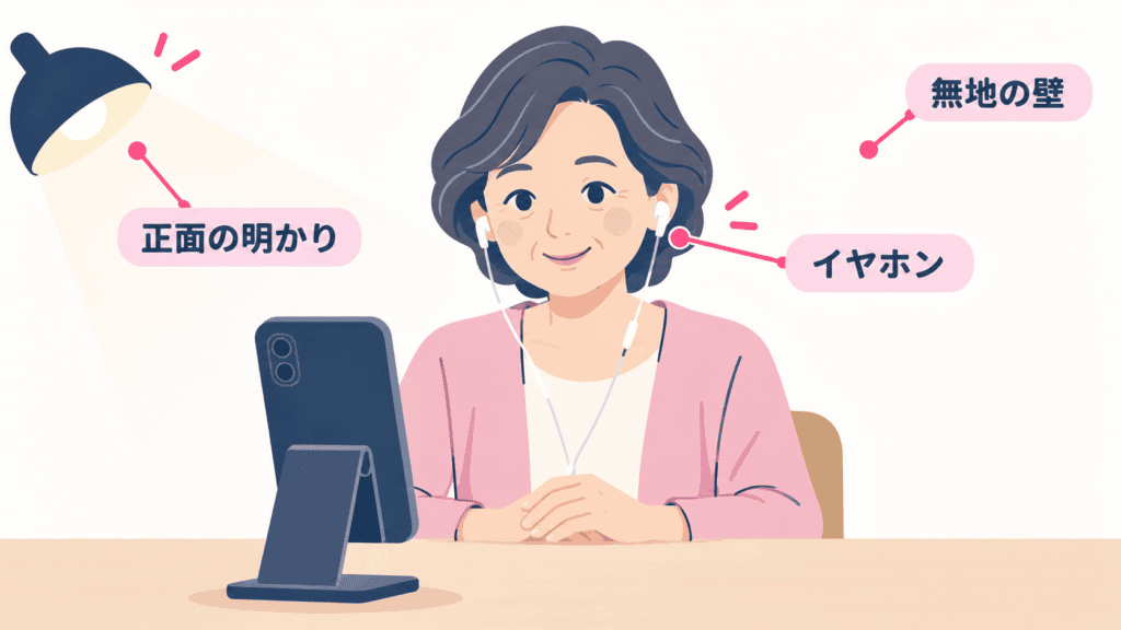ビデオ通話の前に背景と明るさを整えた様子のイラスト。