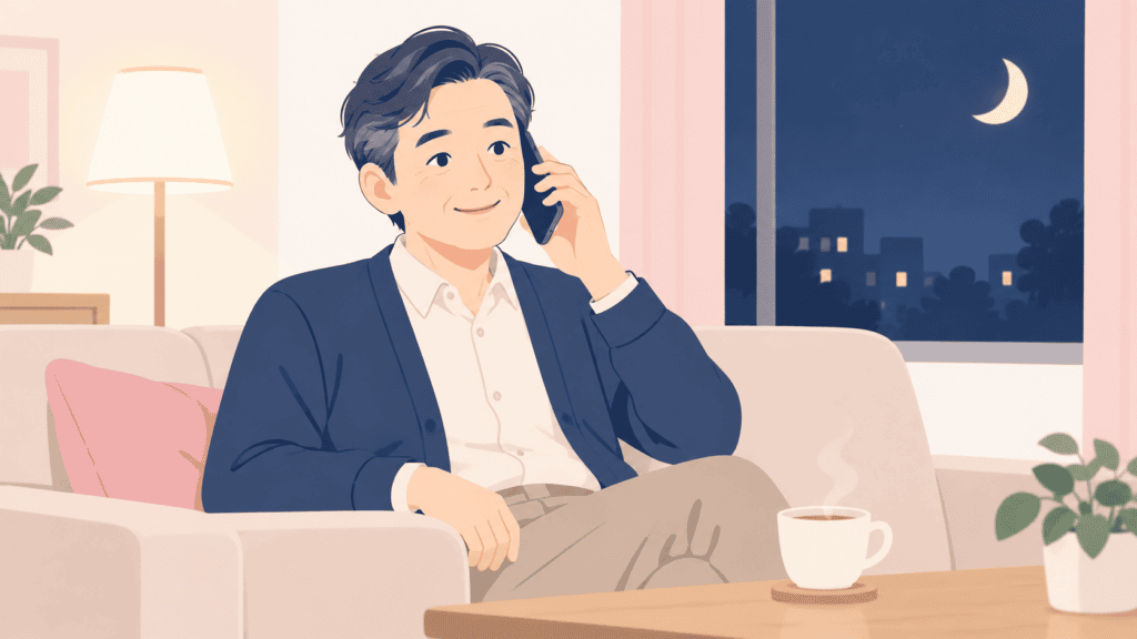 アプリ内通話で気軽に初めての電話を楽しむ大人のイメージ。