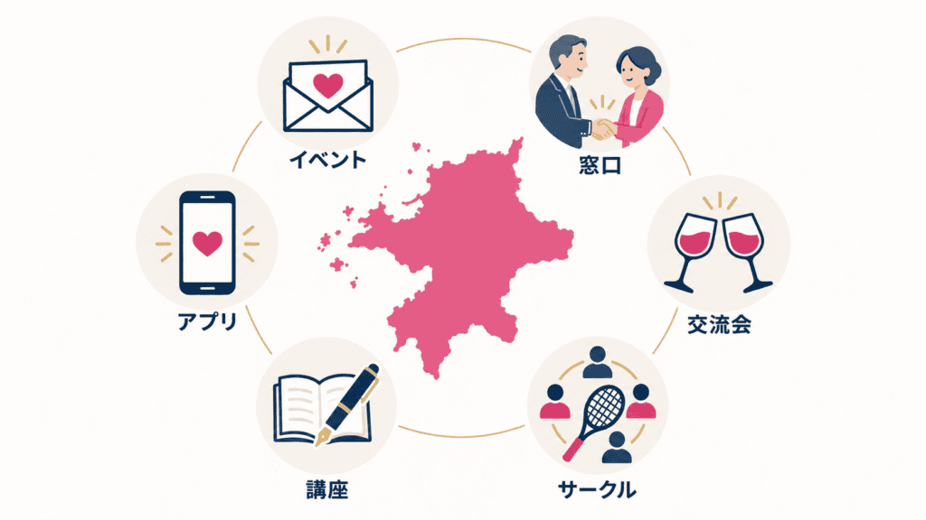 福岡で40代が使える6つの出会いの場のアイコン図。
