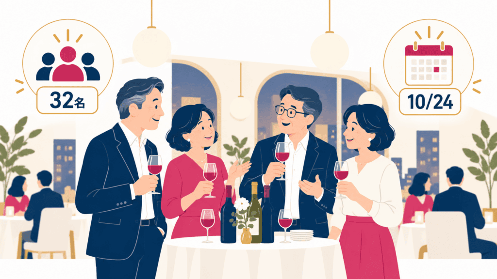 年代指定のワイン会で同世代と話す参加者のイメージ。