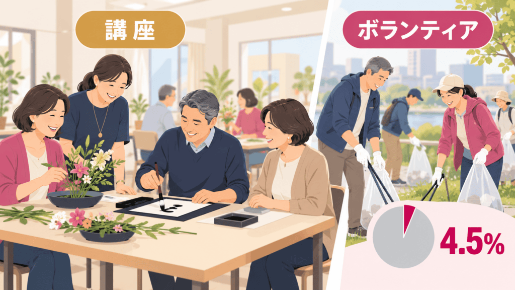講座やボランティアで仲間と知り合う場面のイメージ。