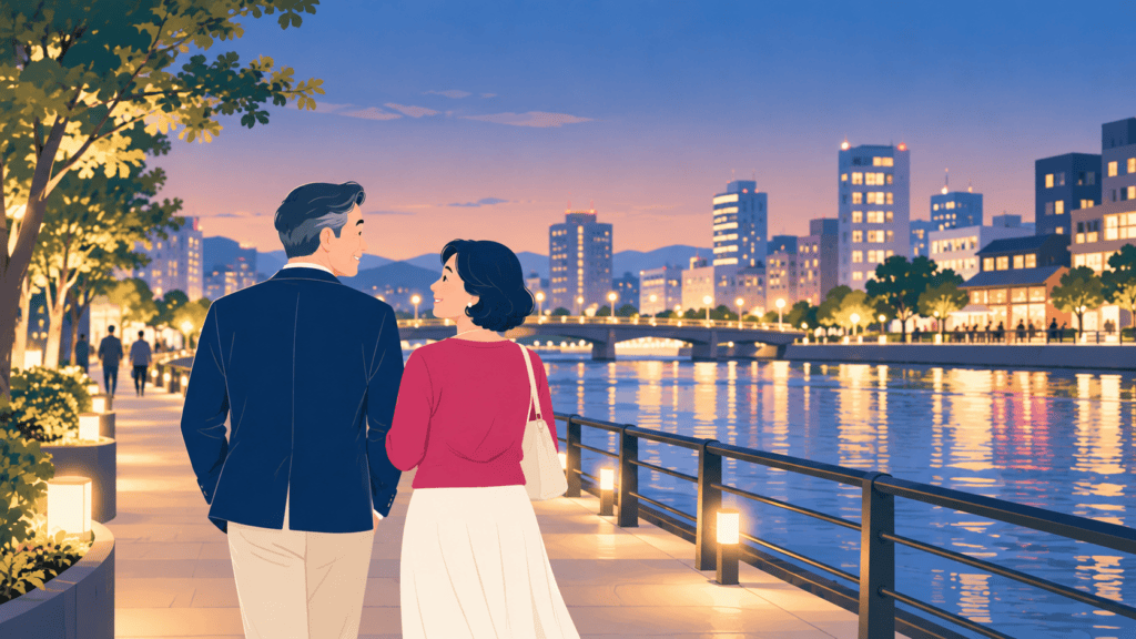 同世代との出会いを前向きに楽しむ40代50代の男女のイメージ。