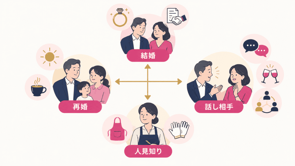 目的や事情ごとに合うアプリ以外の出会い方を4つに分けた図。