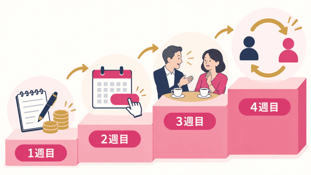 アプリ以外の出会いを1か月で始めるための4週のステップ図。