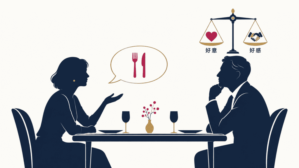 食事の誘いに込められた好意と好感を天秤で表したイラスト。