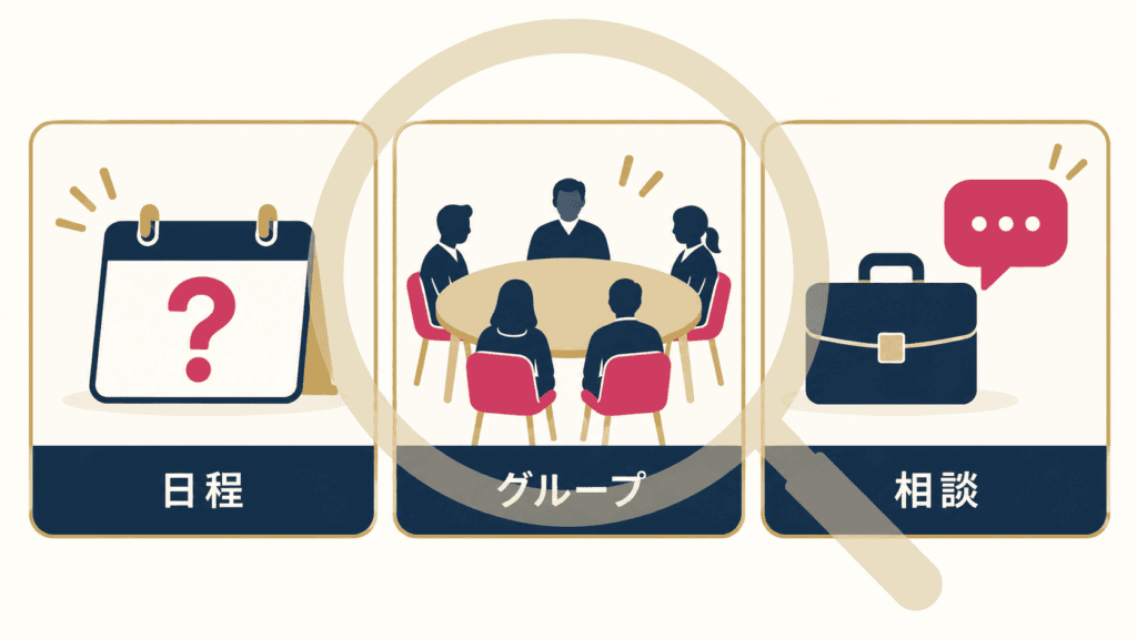 脈なしに見えやすい3つの場面を並べたカード図。