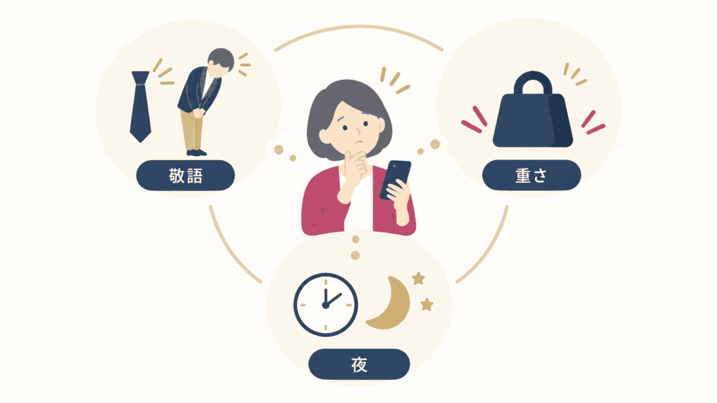 敬語の距離感、重く見られたくない気持ち、返信できる時間の短さという3つの迷いを示した図。
