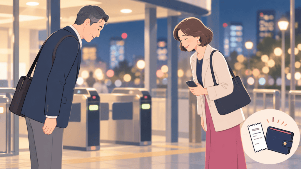 別れ際に会釈を交わす大人の男女と、お会計を表すレシートのアイコン。