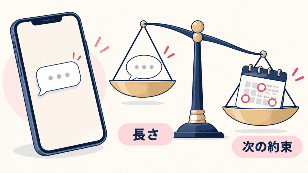 返事の長さより、次の約束への答え方を目安にする考え方を天秤で表した図。