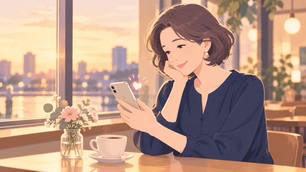 届いた「ありがとう」に返事を書きながら微笑む大人の女性のイラスト。