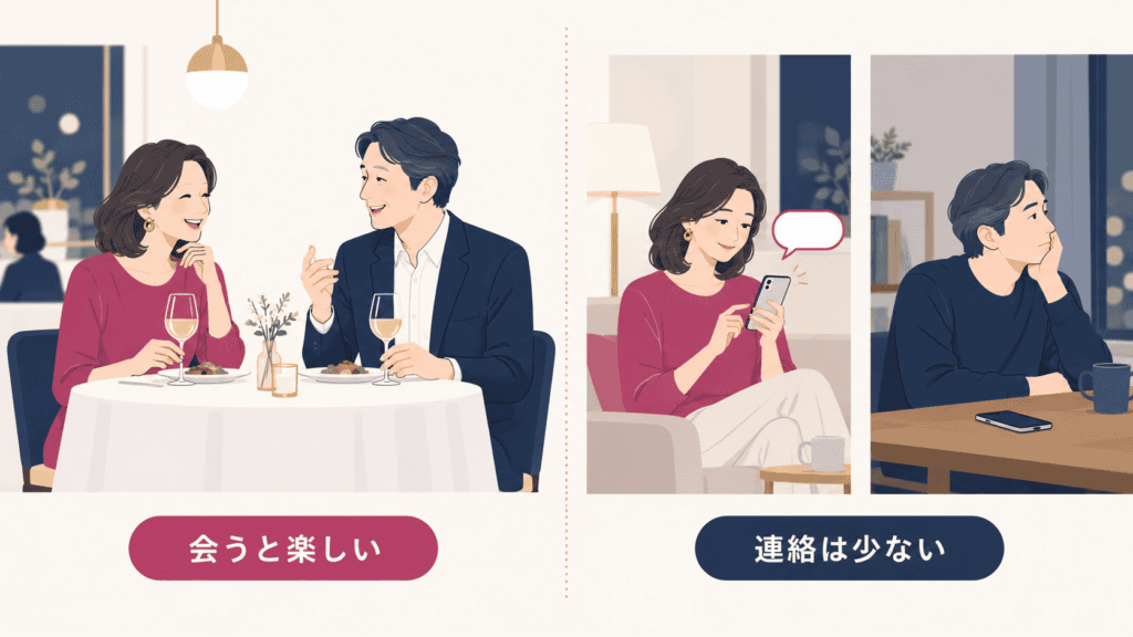 会っているときは楽しいのに、普段の連絡は少ないという温度差を表したイラスト。
