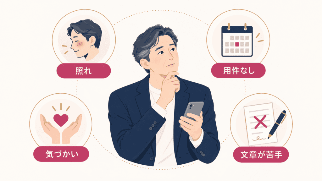 好意があっても連絡しない男性によく見られる4つの傾向を並べた図。