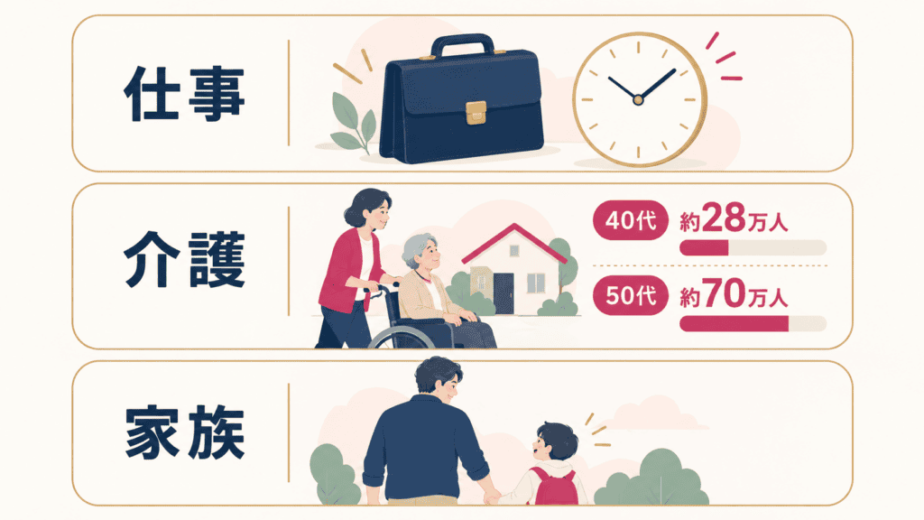 40代50代の男性の連絡が止まりやすい3つの事情と、介護をしている男性の数を示した図。