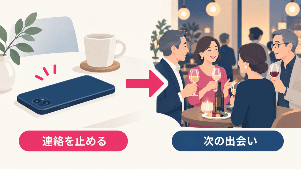 連絡を待つのをやめて、同世代の交流の場へ気持ちを切り替える流れのイラスト。