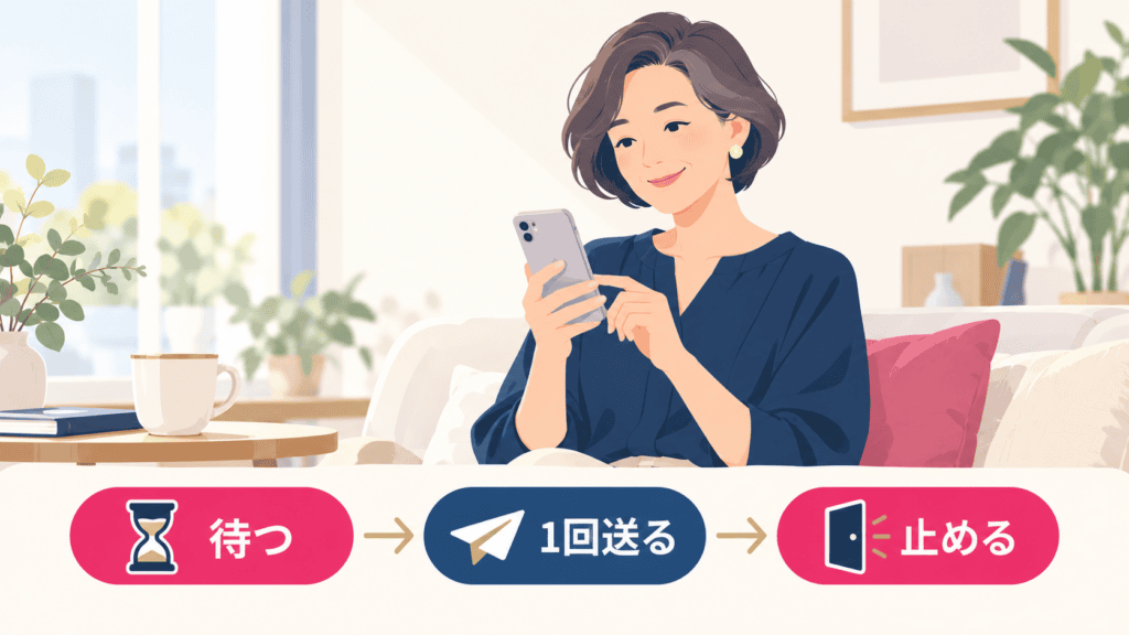 待つ・1回送る・止めるの3段階で、連絡を待つ時間に振り回されない女性のイラスト。