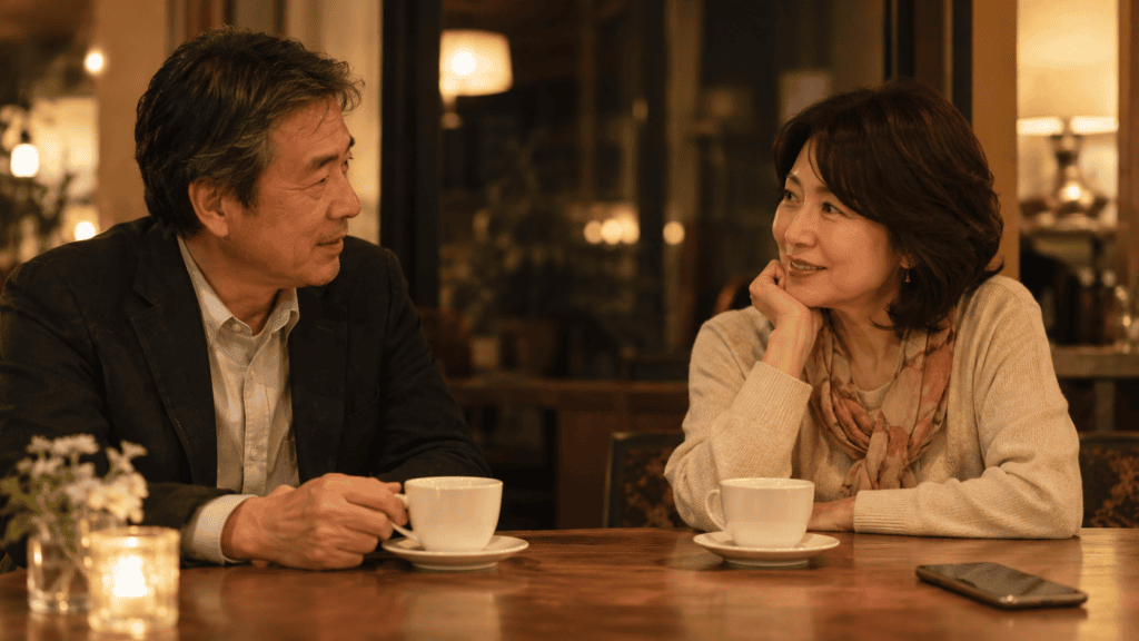 同世代の男女がカフェで会話する様子