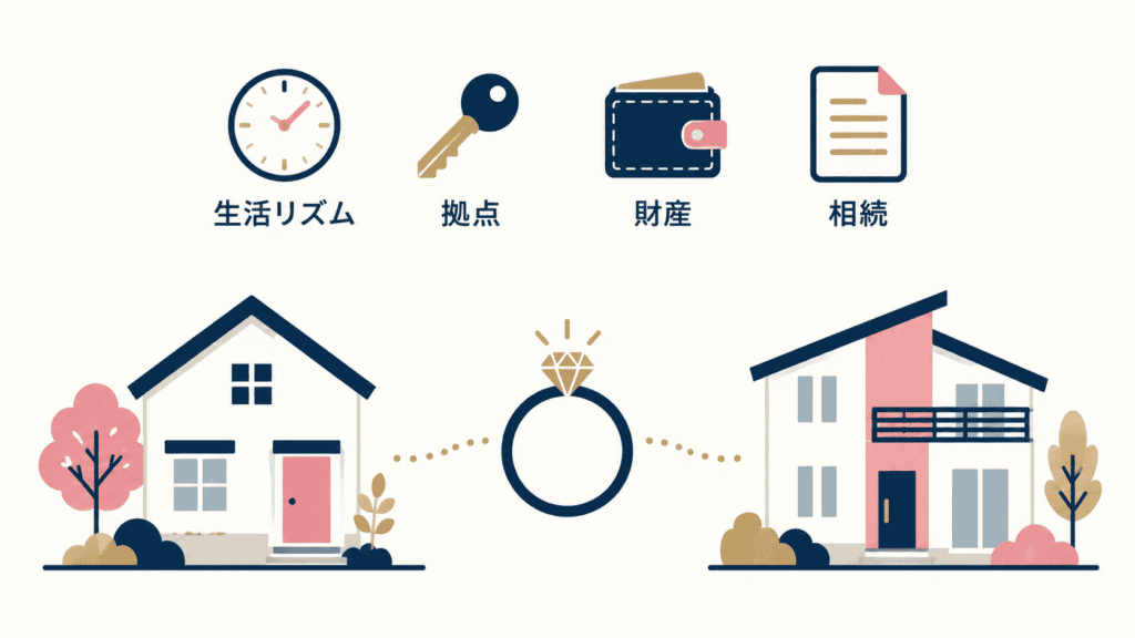 別居婚の4つのメリット(生活リズム・拠点・財産・相続)。