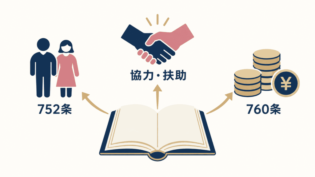 民法752条(同居・協力・扶助)と760条(婚姻費用の分担)。
