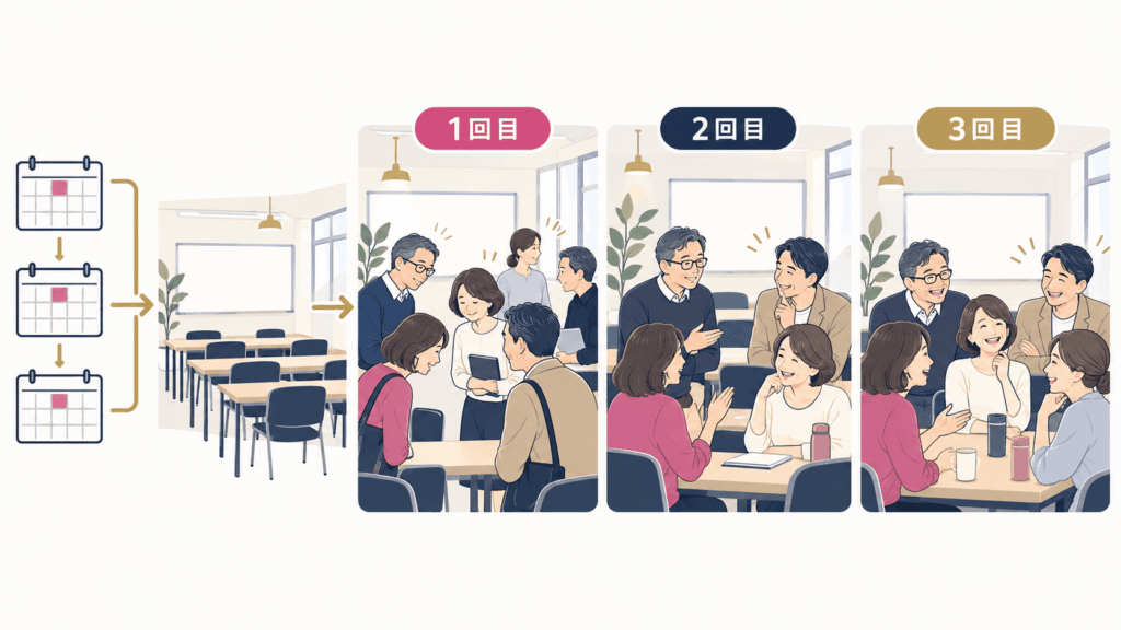 同じ曜日に同じ顔ぶれと会う習い事で、挨拶から会話へ距離が縮まっていく流れのイラスト。