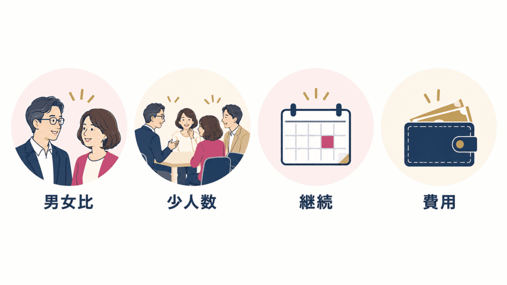 習い事を選ぶ4つの物差し(男女比・少人数・継続・費用)のアイコン図。
